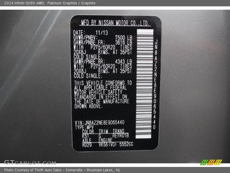 2014 QX80 AWD Platinum Graphite Color Code K51
