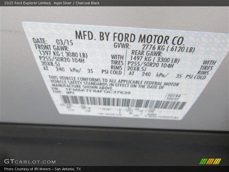 Ingot Silver / Charcoal Black 2015 Ford Explorer Limited