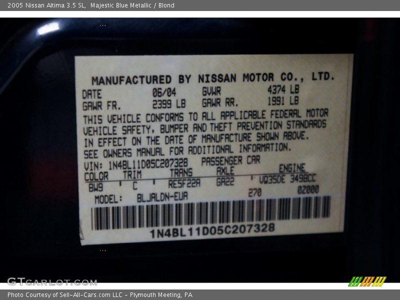 Majestic Blue Metallic / Blond 2005 Nissan Altima 3.5 SL