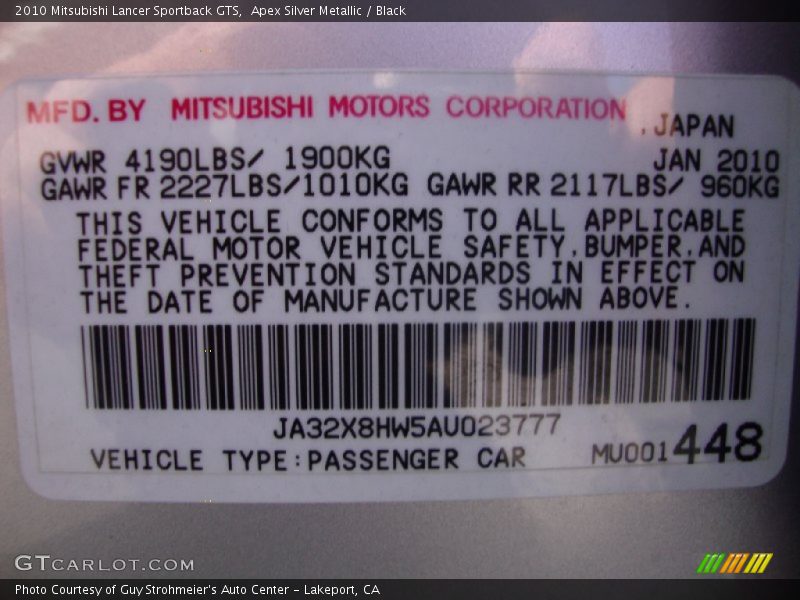 Apex Silver Metallic / Black 2010 Mitsubishi Lancer Sportback GTS