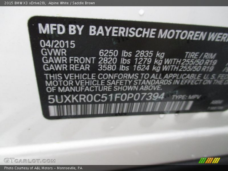 Alpine White / Saddle Brown 2015 BMW X3 xDrive28i