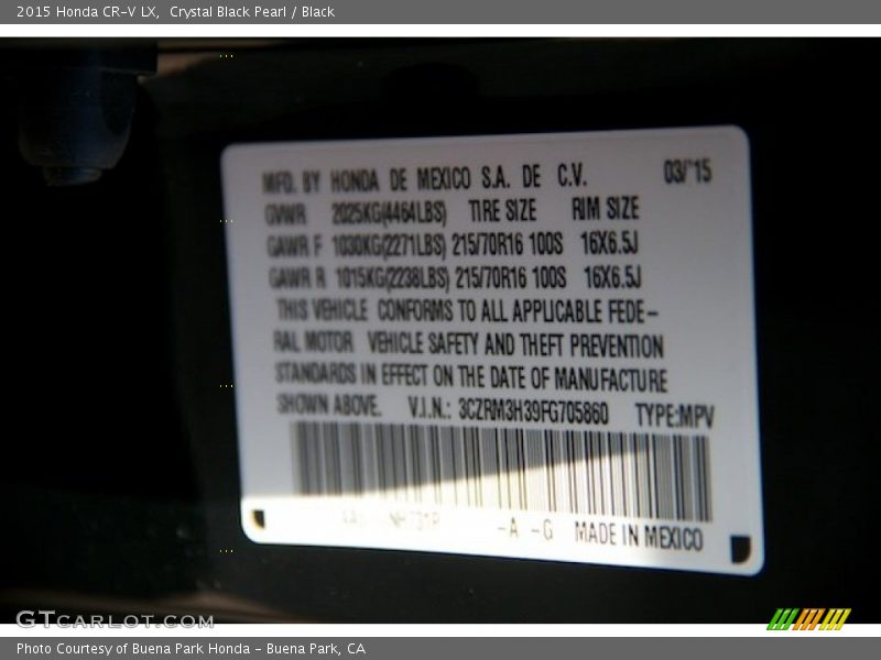 Crystal Black Pearl / Black 2015 Honda CR-V LX