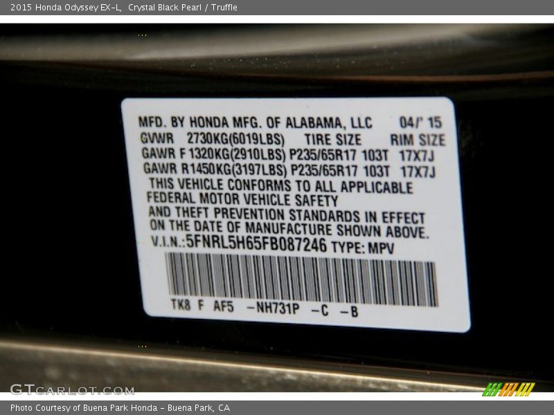 Crystal Black Pearl / Truffle 2015 Honda Odyssey EX-L