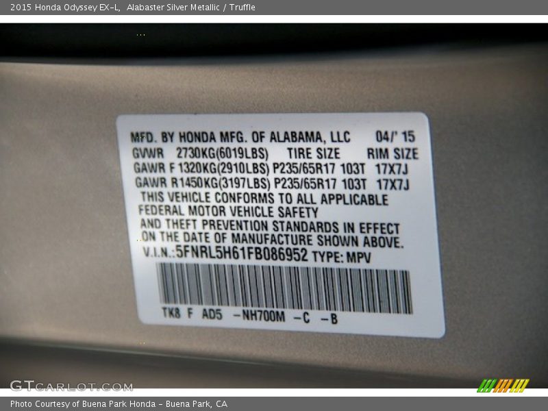 Alabaster Silver Metallic / Truffle 2015 Honda Odyssey EX-L