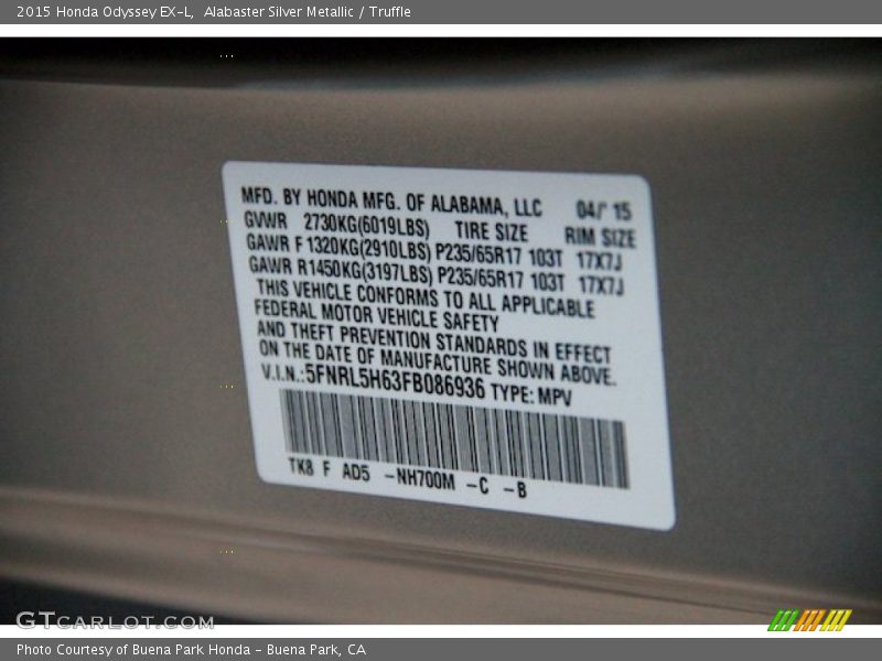 Alabaster Silver Metallic / Truffle 2015 Honda Odyssey EX-L