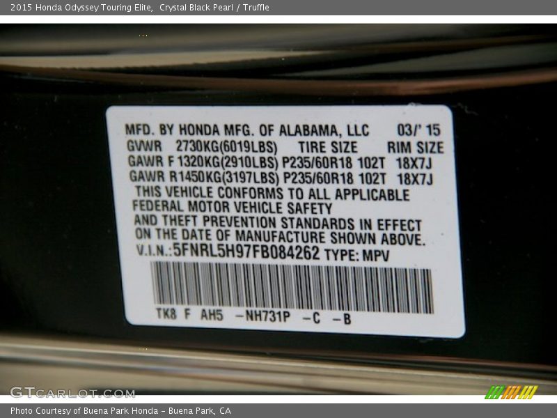 Crystal Black Pearl / Truffle 2015 Honda Odyssey Touring Elite