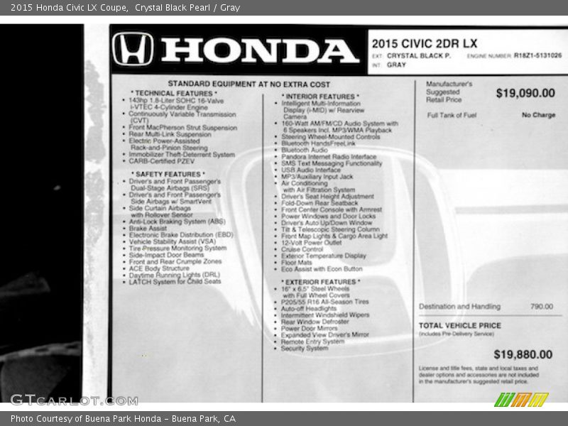 Crystal Black Pearl / Gray 2015 Honda Civic LX Coupe