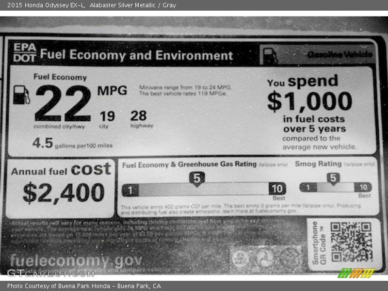 Alabaster Silver Metallic / Gray 2015 Honda Odyssey EX-L