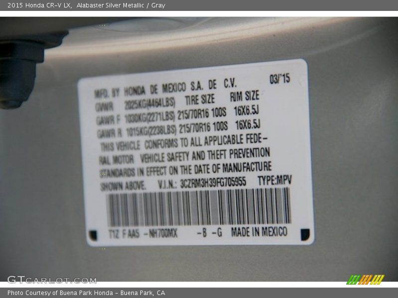 Alabaster Silver Metallic / Gray 2015 Honda CR-V LX