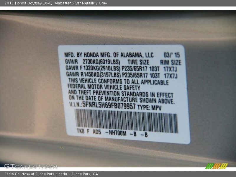 Alabaster Silver Metallic / Gray 2015 Honda Odyssey EX-L