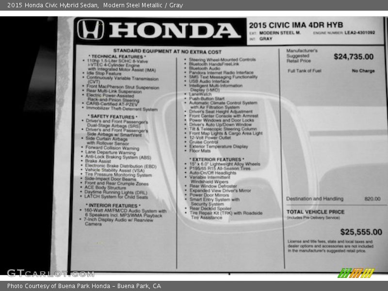 Modern Steel Metallic / Gray 2015 Honda Civic Hybrid Sedan