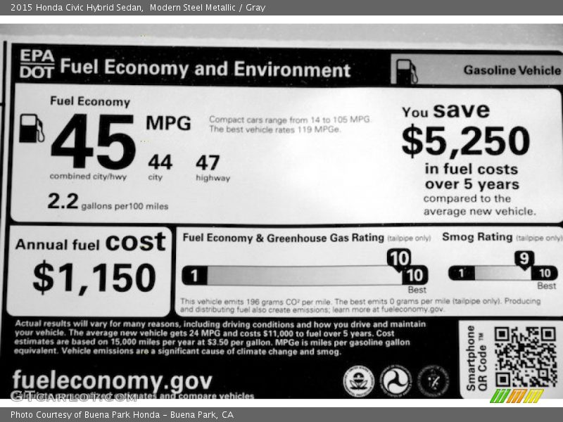 Modern Steel Metallic / Gray 2015 Honda Civic Hybrid Sedan