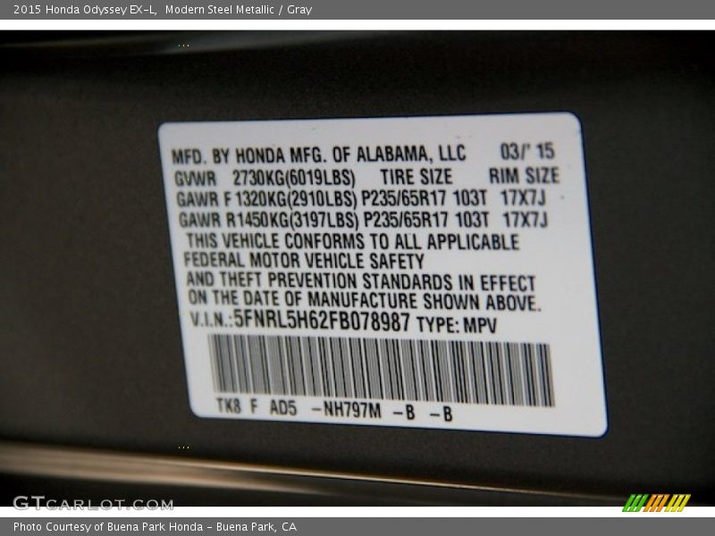 Modern Steel Metallic / Gray 2015 Honda Odyssey EX-L