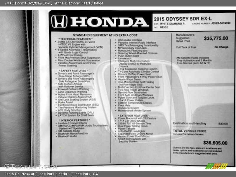 White Diamond Pearl / Beige 2015 Honda Odyssey EX-L