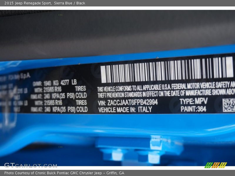 2015 Renegade Sport Sierra Blue Color Code 364