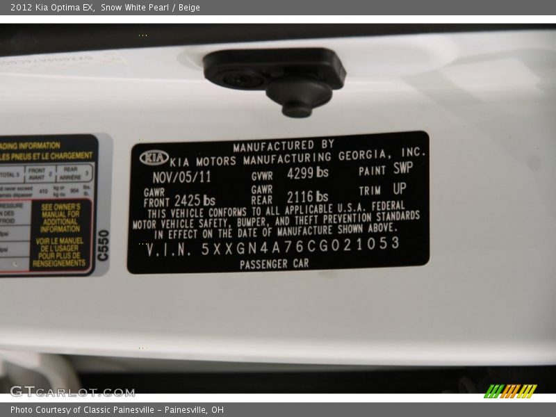 Snow White Pearl / Beige 2012 Kia Optima EX