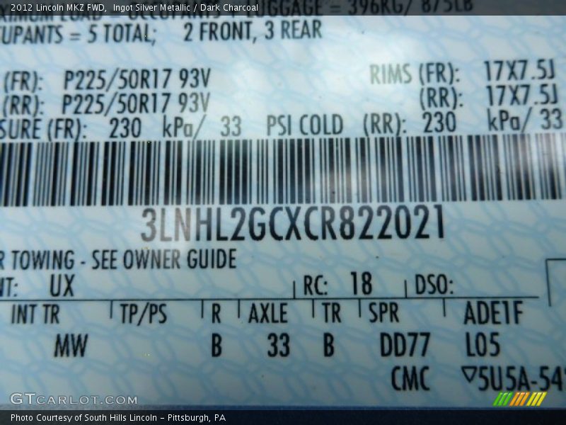 Ingot Silver Metallic / Dark Charcoal 2012 Lincoln MKZ FWD