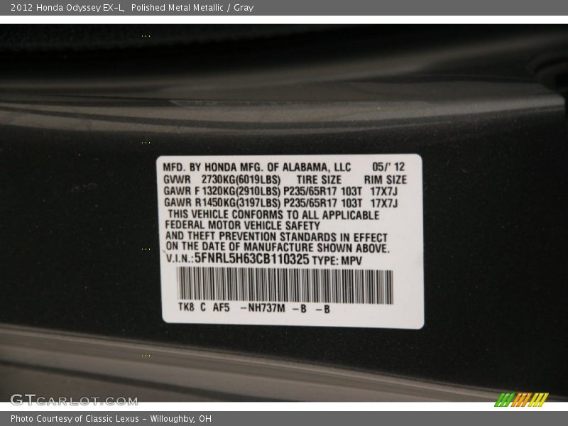 Polished Metal Metallic / Gray 2012 Honda Odyssey EX-L