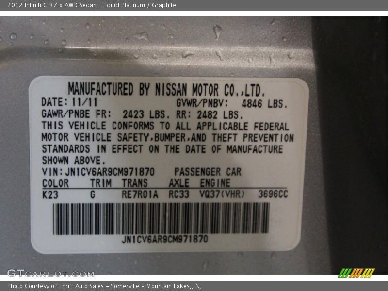 Liquid Platinum / Graphite 2012 Infiniti G 37 x AWD Sedan