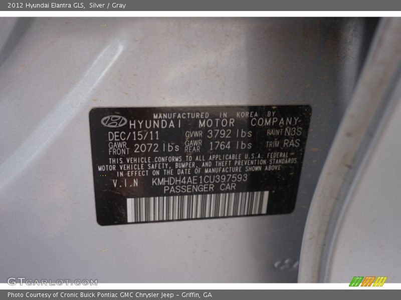 Silver / Gray 2012 Hyundai Elantra GLS