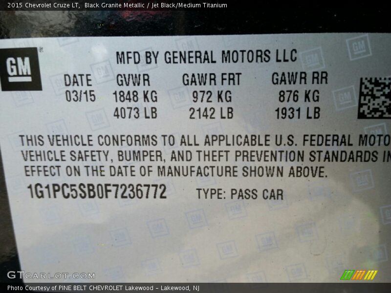 Black Granite Metallic / Jet Black/Medium Titanium 2015 Chevrolet Cruze LT