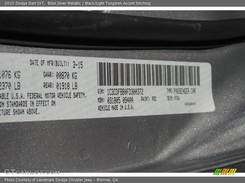Billet Silver Metallic / Black/Light Tungsten Accent Stitching 2015 Dodge Dart SXT