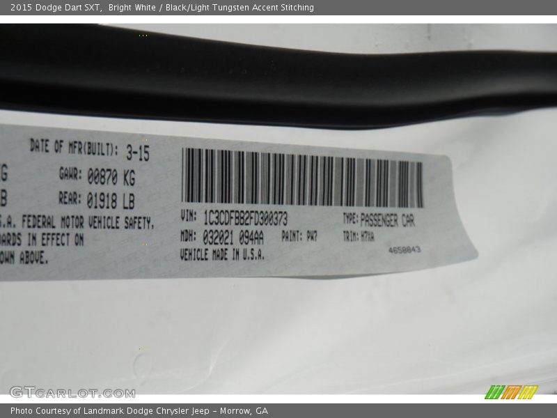 Bright White / Black/Light Tungsten Accent Stitching 2015 Dodge Dart SXT