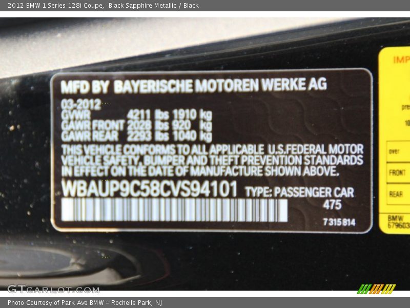 Black Sapphire Metallic / Black 2012 BMW 1 Series 128i Coupe