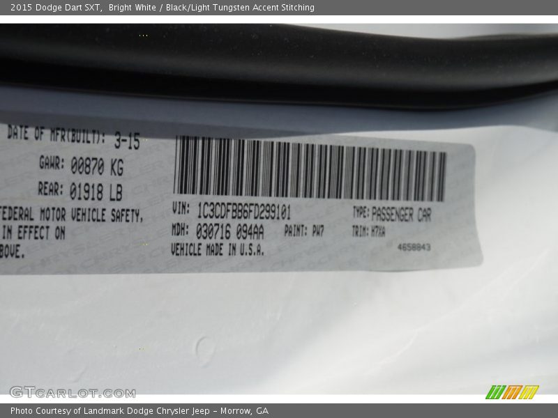 Bright White / Black/Light Tungsten Accent Stitching 2015 Dodge Dart SXT