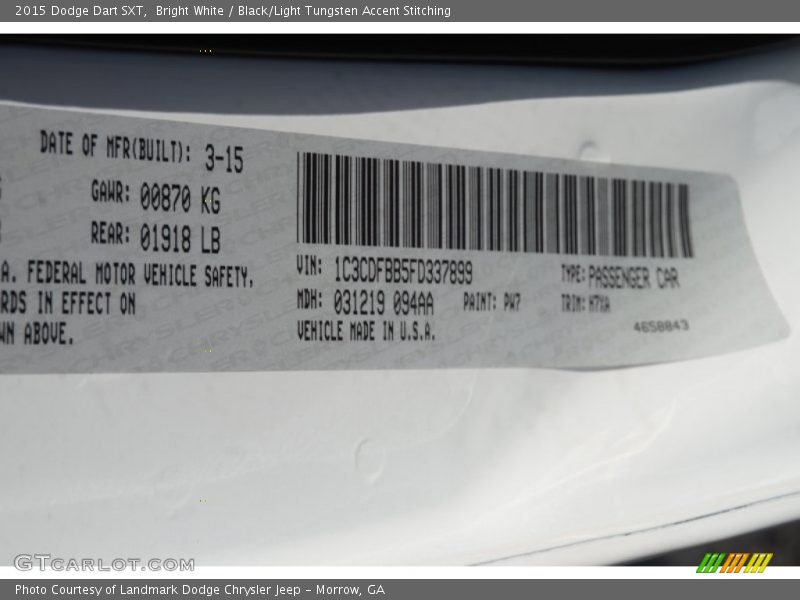 Bright White / Black/Light Tungsten Accent Stitching 2015 Dodge Dart SXT
