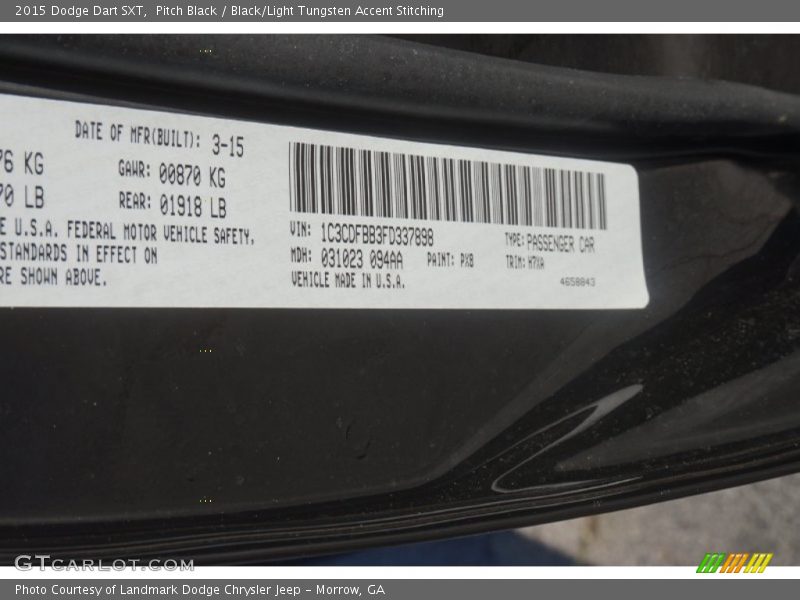 Pitch Black / Black/Light Tungsten Accent Stitching 2015 Dodge Dart SXT