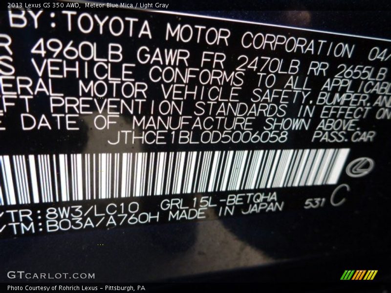 2013 GS 350 AWD Meteor Blue Mica Color Code 8W3
