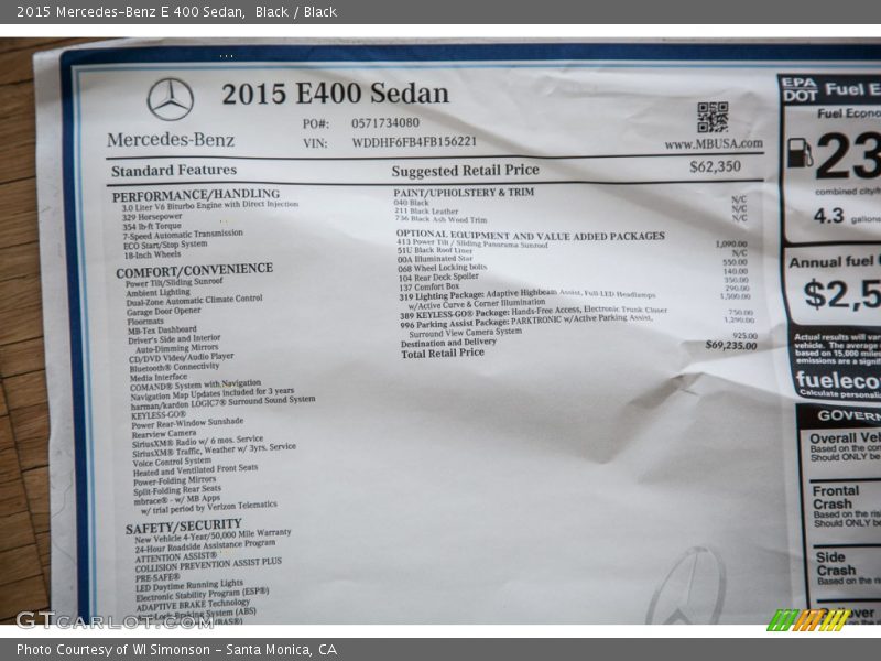  2015 E 400 Sedan Window Sticker