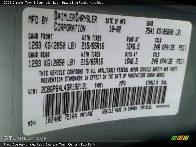 Butane Blue Pearl / Navy Blue 2003 Chrysler Town & Country Limited