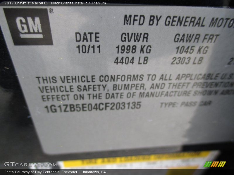 Black Granite Metallic / Titanium 2012 Chevrolet Malibu LS