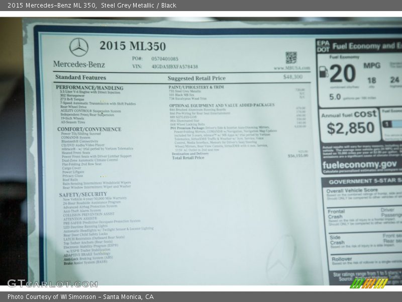 Steel Grey Metallic / Black 2015 Mercedes-Benz ML 350