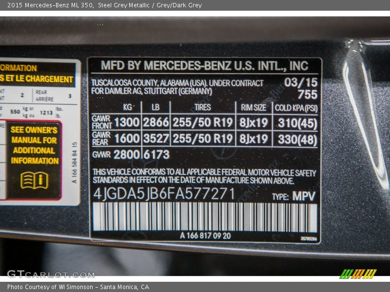 Steel Grey Metallic / Grey/Dark Grey 2015 Mercedes-Benz ML 350