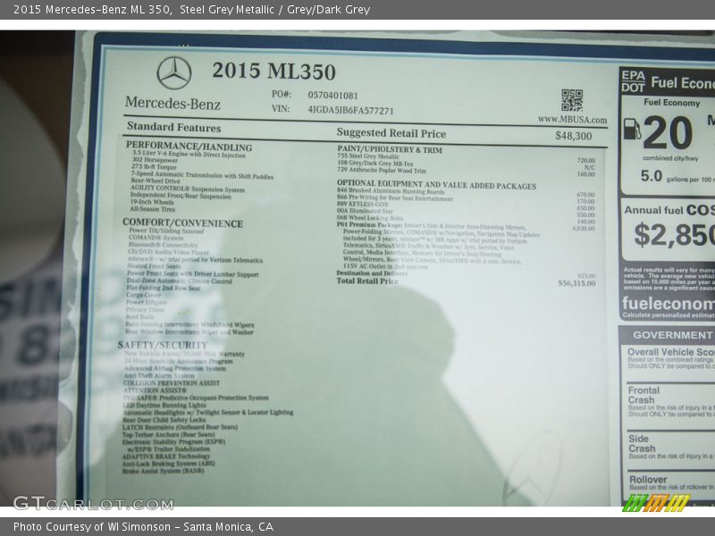 Steel Grey Metallic / Grey/Dark Grey 2015 Mercedes-Benz ML 350