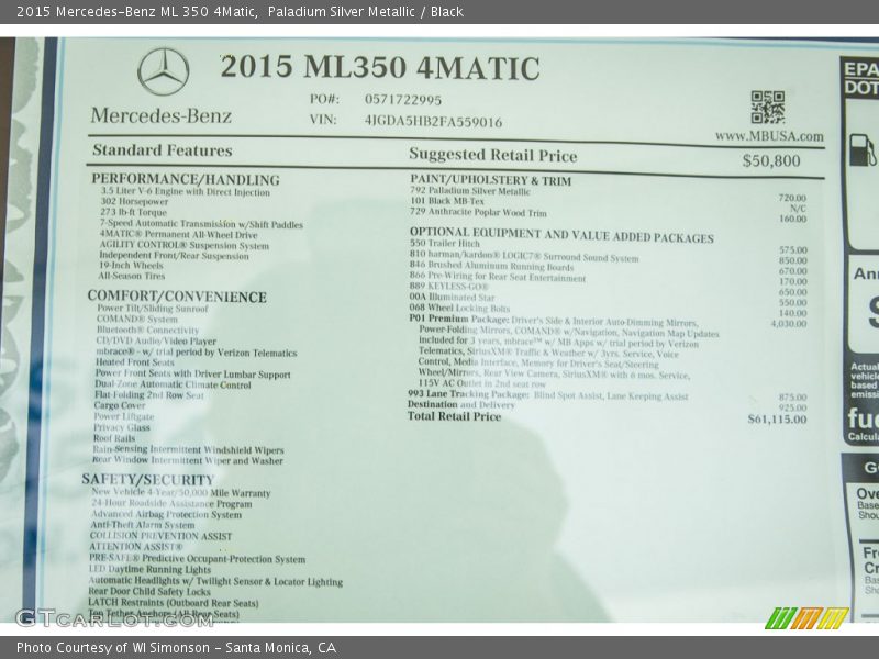 Paladium Silver Metallic / Black 2015 Mercedes-Benz ML 350 4Matic