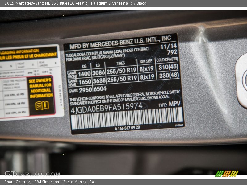 Paladium Silver Metallic / Black 2015 Mercedes-Benz ML 250 BlueTEC 4Matic
