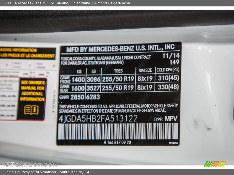 Polar White / Almond Beige/Mocha 2015 Mercedes-Benz ML 350 4Matic