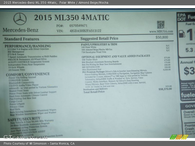 Polar White / Almond Beige/Mocha 2015 Mercedes-Benz ML 350 4Matic