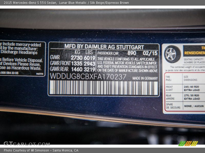 Lunar Blue Metallic / Silk Beige/Espresso Brown 2015 Mercedes-Benz S 550 Sedan