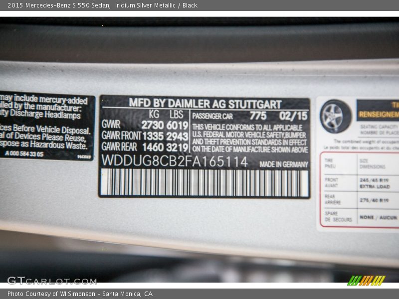 Iridium Silver Metallic / Black 2015 Mercedes-Benz S 550 Sedan