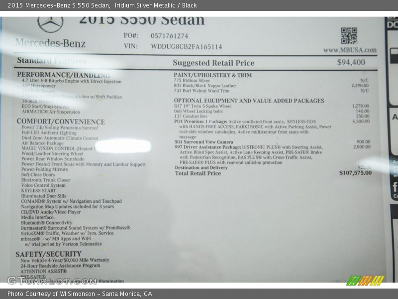 Iridium Silver Metallic / Black 2015 Mercedes-Benz S 550 Sedan