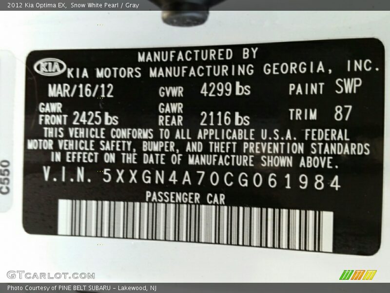 Snow White Pearl / Gray 2012 Kia Optima EX