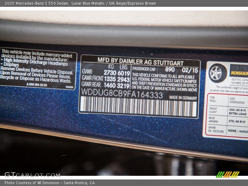2015 S 550 Sedan Lunar Blue Metallic Color Code 890