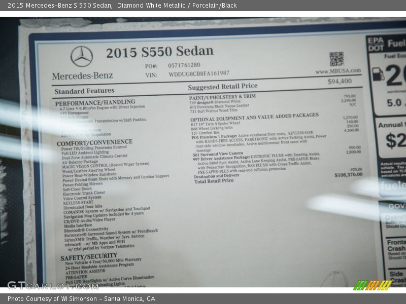  2015 S 550 Sedan Window Sticker