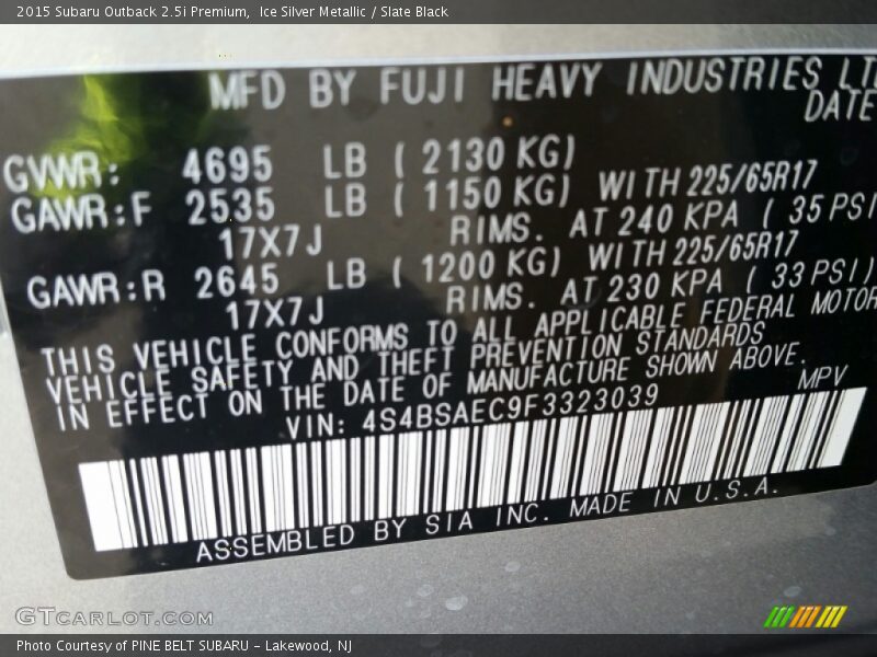 Ice Silver Metallic / Slate Black 2015 Subaru Outback 2.5i Premium