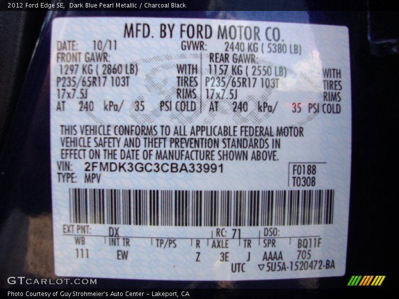 Dark Blue Pearl Metallic / Charcoal Black 2012 Ford Edge SE